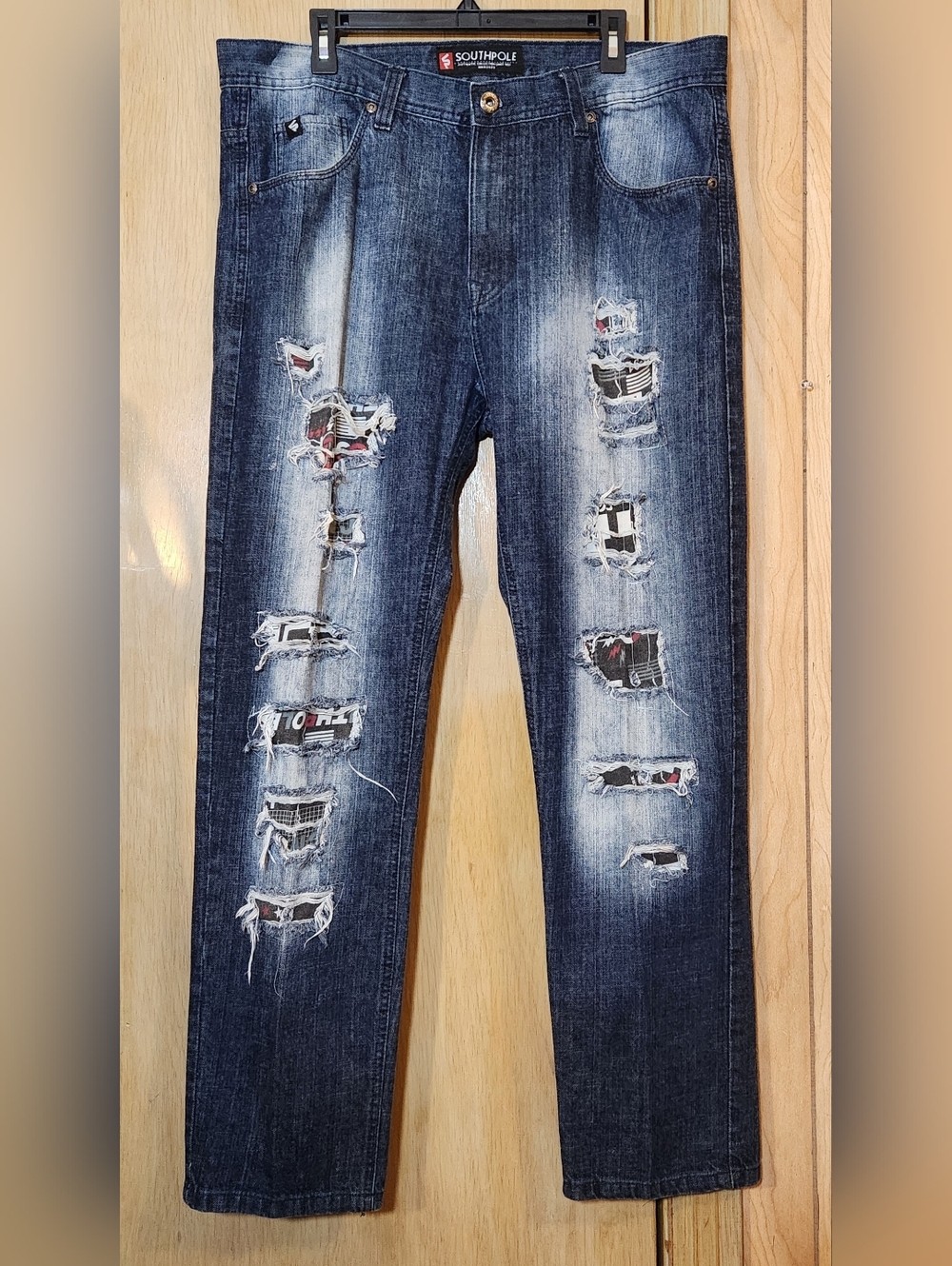 SOUTHPOLE Mens Jeans 38x30 Distressed Blue Denim Straight Leg